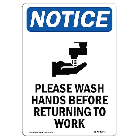 OSHA Notice Sign, Please Wash Hands Before With Symbol, 18in X 12in Decal